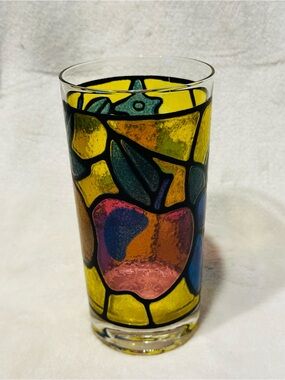 Vtg 60's 70's Tiffany Stained Glass Style Multi Colored Fruit OJ Cup Libbey